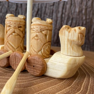 Wooden viking Drakkar Man cave statue Longship with warriors Hand carved Scandinavian boat Ship gift Hand carved longboat Norse pagan gift