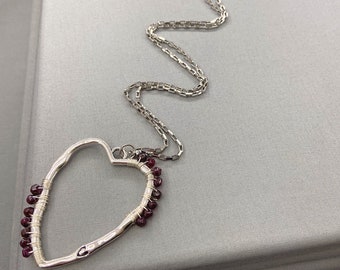 Large Silver Heart Necklace With Garnets, Wire Wrapped Pendant, January Birthday Birthstone, Love Token Jewellery, Gift For Loved One