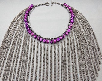 Pearl Necklace with Gunmetal Fringe, Choice of Colour, Heavyweight Tassel Necklace, June Birthstone