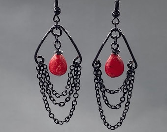 Black Onyx Chandelier earrings, vintage red glass chandelier earrings, silver chandeliers, sterling chandeliers, black and red earrings Black Onyx Chandelier earrings, vintage red glass chandelier earrings, silver chandeliers, sterling chandeliers, black and red earrings