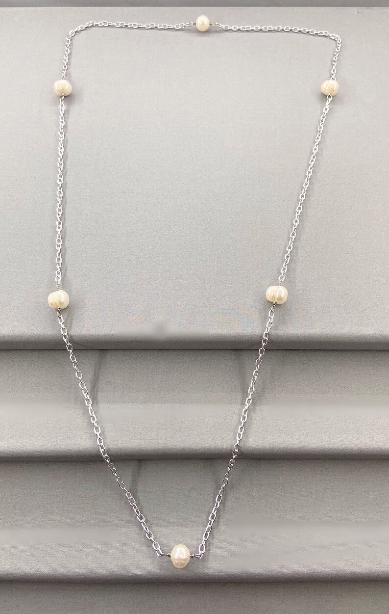 Long Chain Rope Style Pearl Endless Necklace, 34 Inch, Choice Of Colour, White Pearl Station Necklace, Tin Cup Pearl Necklace, June Gift image 4