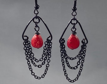 Black & Red Chandelier Earrings, Red Magnesite Earrings, Black Chain Earrings, Red Gem Earrings, Gemstone Jewelry, Long Drop Earrings