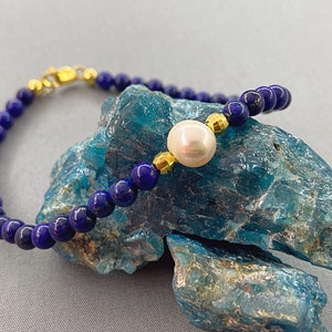 Lapis Lazuli & Pearl Bracelet, 9ct Gold Filled, Sterling Silver, Single Pearl Stacker Bracelet, Gemstone Jewelry, September Birthstone