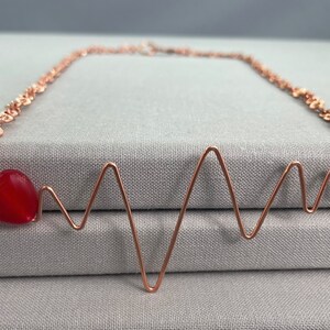 Copper Heartbeat Soundwave Necklace with Red Heart Shaped Quartz, Hammered Infinity Link Chain, Life Line Pendant