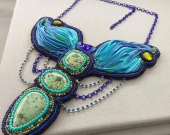 Real Turquoise Stone Bib Necklace, Shibori Silk and Soutache Beaded Necklace, Bead Embroidery Statement Necklace, December Birthstone Gift