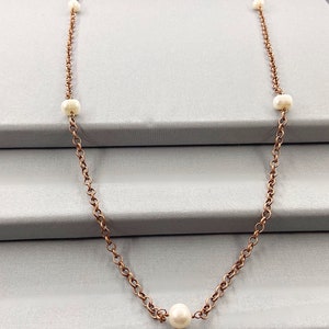 Long Chain Rope Style Pearl Endless Necklace, 34 Inch, Choice Of Colour, White Pearl Station Necklace, Tin Cup Pearl Necklace, June Gift Copper