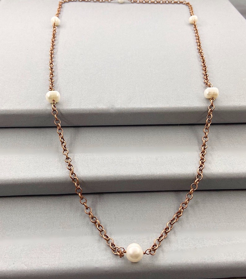 Long Chain Rope Style Pearl Endless Necklace, 34 Inch, Choice Of Colour, White Pearl Station Necklace, Tin Cup Pearl Necklace, June Gift Copper