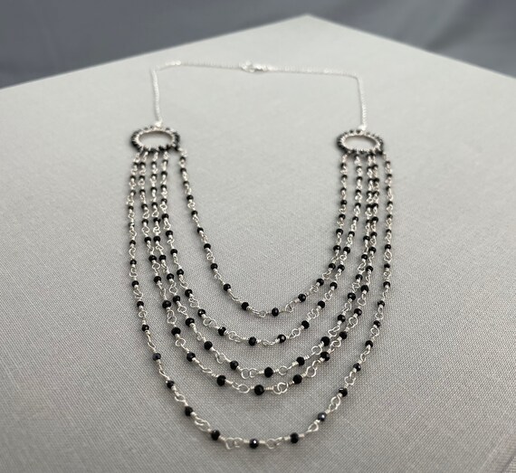 Delicate Sterling Silver Multi Strand Necklace Black Spinel Bead