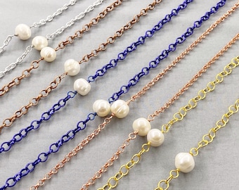 Long Chain Rope Style Pearl Endless Necklace, 34 Inch, Choice Of Colour, White Pearl Station Necklace, Tin Cup Pearl Necklace, June Gift