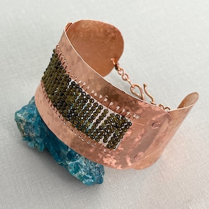 Bare Copper Cuff Bracelet Channel Set Golden Obsidian/Dragon Glass Gemstone, 7th Wedding Anniversary Gift
