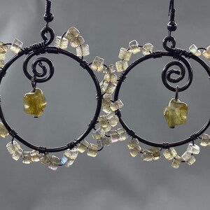 Labradorite Hoop Earrings: Black Wire Wrapped Gemstone Spirals