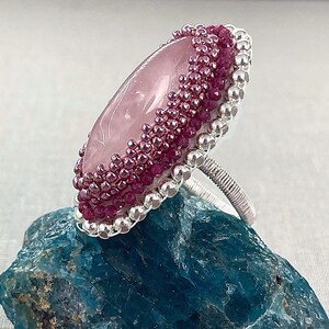 Rose Quartz & Ruby Beaded Cocktail Ring with Sterling Silver, Choose Your Size / Shape, Pink Gemstone Dress Ring, July Birthstone Gift