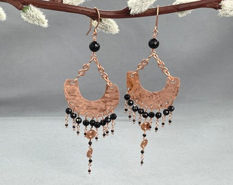 Textured Copper Chandelier Earrings, Black Spinel August Birthstone, Anniversary Gift