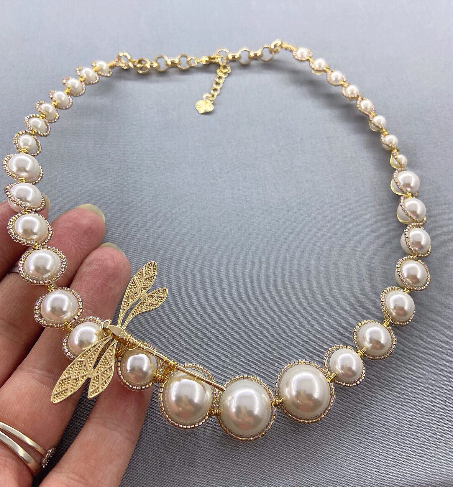 Shell Pearl Necklace Dragonfly Charm Necklace Champagne Gold - Etsy UK
