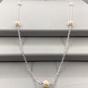 Long Chain Rope Style Pearl Endless Necklace, 34 Inch, Choice Of Colour, White Pearl Station Necklace, Tin Cup Pearl Necklace, June Gift Silver