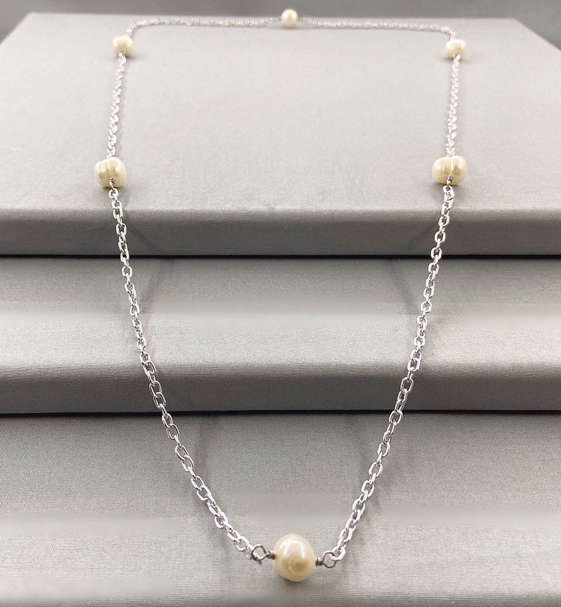 Long Chain Rope Style Pearl Endless Necklace, 34 Inch, Choice Of Colour, White Pearl Station Necklace, Tin Cup Pearl Necklace, June Gift Silver