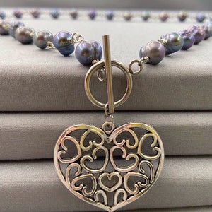 Heart Necklace With Freshwater Pearls, Peacock Pearl Necklace, Silver Filigree Heart Pendant, June Birthday, 30th Wedding Anniversary