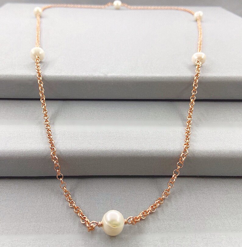 Long Chain Rope Style Pearl Endless Necklace, 34 Inch, Choice Of Colour, White Pearl Station Necklace, Tin Cup Pearl Necklace, June Gift image 2