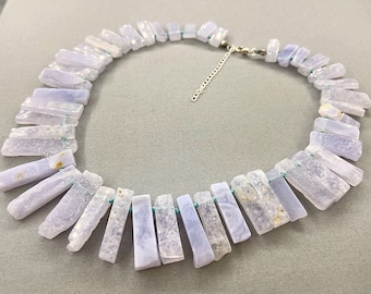 Blue Lace Agate Fan Necklace, Glacial Bib Necklace, Graduated Bar Necklace, Hand Knotted Necklace, Blue Collar Necklace