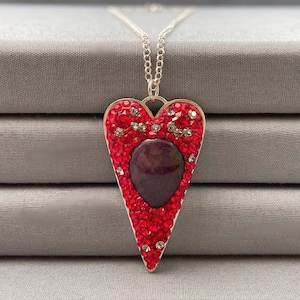 Sterling Silver Red Ruby Heart Pendant, Ruby & Swarovski Crystal Necklace, Red Gemstone Pendant, July Birthday, Birthstone Jewellery