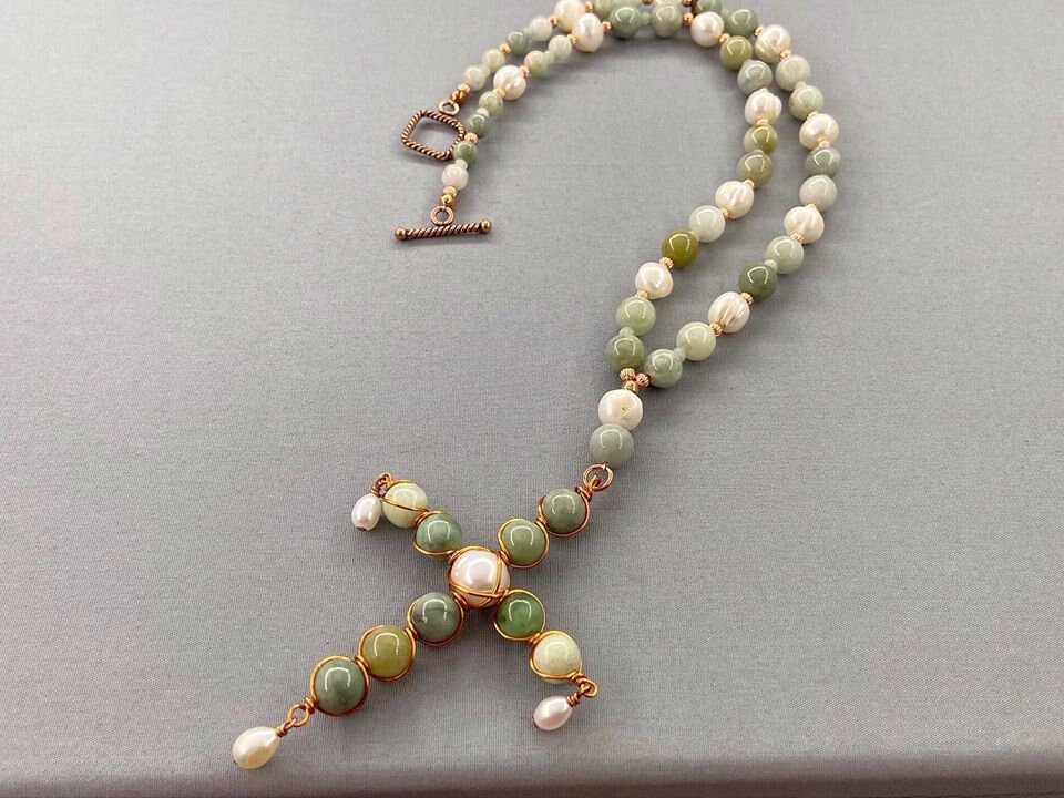 Pale Green and White Pastel Beaded Cross Necklace Burmese - Etsy