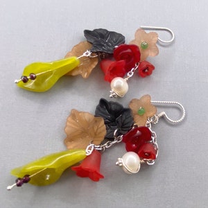 Long Floral Drop Earrings: Garnet, Pearl & Serpentine - Boho Autumn Style