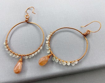 Boho Aquamarine & Sunstone Copper Earrings, Beaded Hoops, Birthstone Jewelry, Gemstone Jewelry, Bohemian Earrings