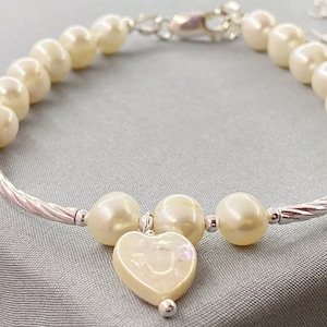 Cultured Pearl & Sterling Silver Bracelet, Heart Bracelet, June Birthstone, Pearl Jewellery, Bridesmaid Gift, Dainty Stacking Bracelet