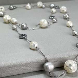 Long Rope Style Beaded Endless Necklace With Cultured Pearls and Mosaic Shell Pearls, 44 Inch Long Pearl Necklace, June Birthday Gift