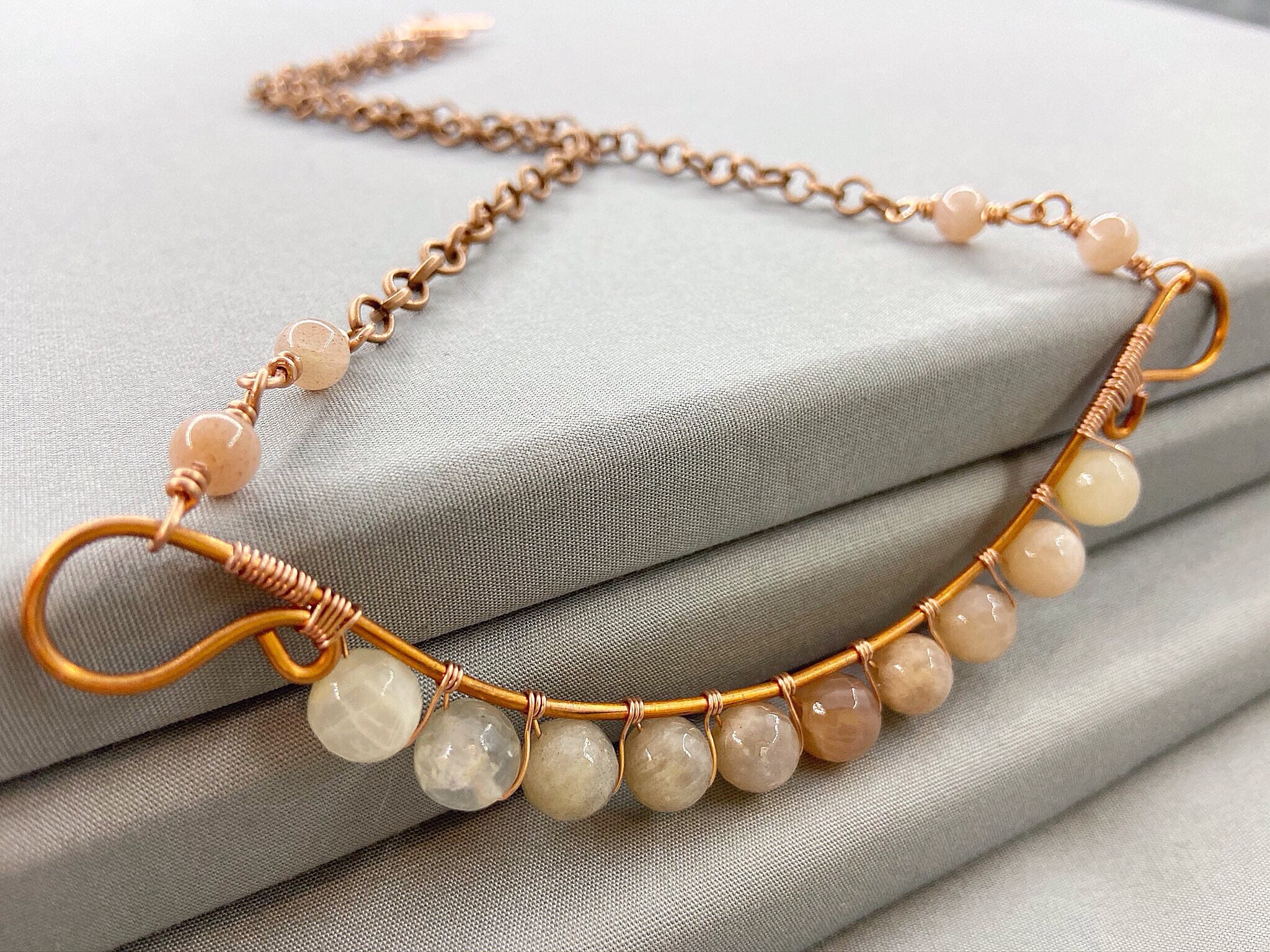 Multicoloured Ombré Moonstone Wire Wrapped Curved Bar Pendant on 18 Inch Copper Chain Necklace With Extender Clasp