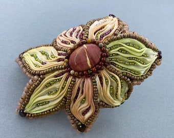 Silk Floral Corsage Bracelet, Embroidered Cuff, Beaded Flower Bracelet, Mookaite & Garnet