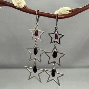 Garnet Star Drop Earrings: Stainless Steel Celestial Jewelry