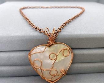 Rustic Copper Wire Heart Pendant Necklace, Wire Wrapped Pendant, Shell Pearl Necklace, Wire Work Jewellery, Necklaces For Women