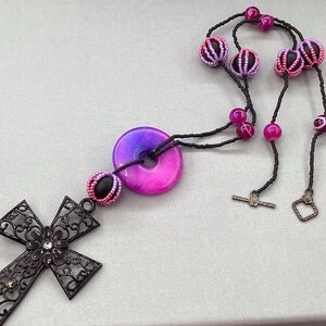 Purple & Pink Ombré Necklace, Black Cross Pendant, Agate Jewelry, Gemstone Donut Pendant, Seed Beaded Necklace, Rock Chic Jewelry