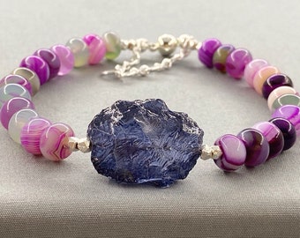 Blue Quartz Bracelet, Raw Quartz & Agate Beaded Bracelet, Stone Crystal Bracelet, Crystal Healing Jewellery, Boho Gifts For Women