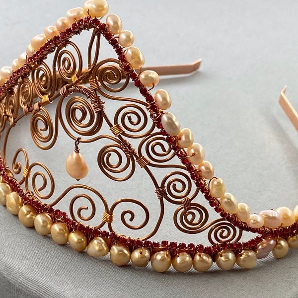Vintage Style Copper Bridal Tiara with Cultured Pearls & Austrian Crystal, Pearl Tiara Crown, Wire Wrapped Headpiece
