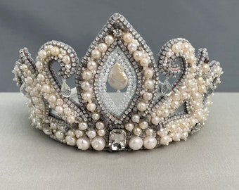 High End Bridal Beaded Tiara with Raw Diamonds, Zircon, Topaz & Cultured Pearls - White Satin Wrapped Headband with Combs