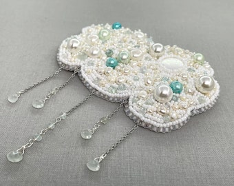 Hand Embroidered Cloud Brooch with Shell, Pearls & Aquamarine, White Beaded Raindrop Pin, March Birthstone, June Birthday Gift, Wearable Art