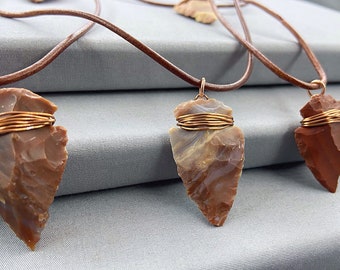 Unisex Raw Gemstone Arrowhead Pendant, Choose Your Pendant Mookaite or Jasper, Tan Leather Necklace