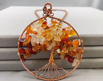 Gemstone Tree Of Life Necklace, Large Gemchip Pendant, Copper Wire Wrap Necklace, Spiritual Jewellery, UK Seller