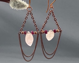 Ruby & Morganite Chandelier Earrings, Morganite Marquise Earrings, Pink and Red Gem Earrings, Copper Chain Earrings, July Birthstone