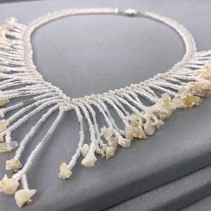 Raw Ethiopian Opal Chip Necklace: Beaded Fringe V Necklace