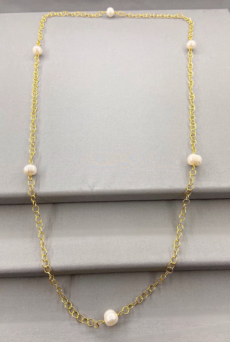Long Chain Rope Style Pearl Endless Necklace, 34 Inch, Choice Of Colour, White Pearl Station Necklace, Tin Cup Pearl Necklace, June Gift Gold