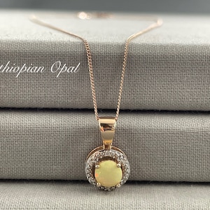 Colgante de plata de ley relleno de oro rosa con ópalo etíope con cadena, ajuste de circón de corte brillante de 6 mm, collar de acera de 18 pulgadas