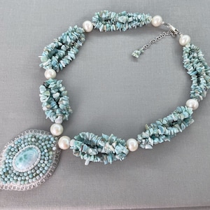 Larimar & Cultured Pearl Elegant Beaded Necklace - Supplied With Certificate of Authenticity and Gift Box, 30th Anniversary Gift