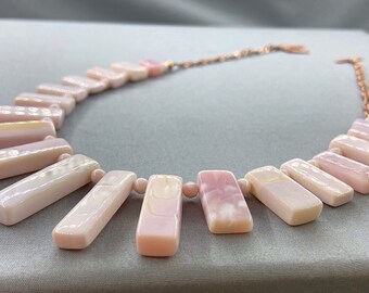 Pink Opal Graduated Bar Necklace, Cleopatra Style Necklace, Pale Pink Gemstone Necklace, October Birthstone, Peruvian Opal Necklace