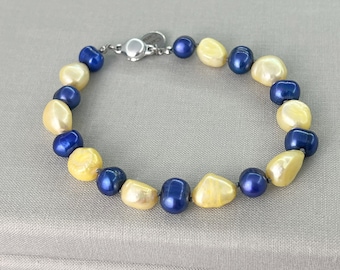 Hand Knotted Blue & Yellow Cultured Pearl Bracelet with Stainless Steel Magnetic Clasp