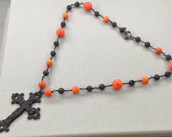 Black Gothic Cross Necklace, Lava Rock & Magnesite Necklace, Large Cross Pendant, Chunky Gemstone Necklace, Orange and Black Necklace