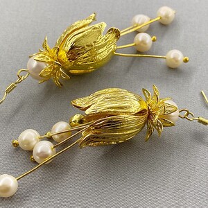 Gold Tulip Earrings: Cultured Pearl Flower, French Romantic Style
