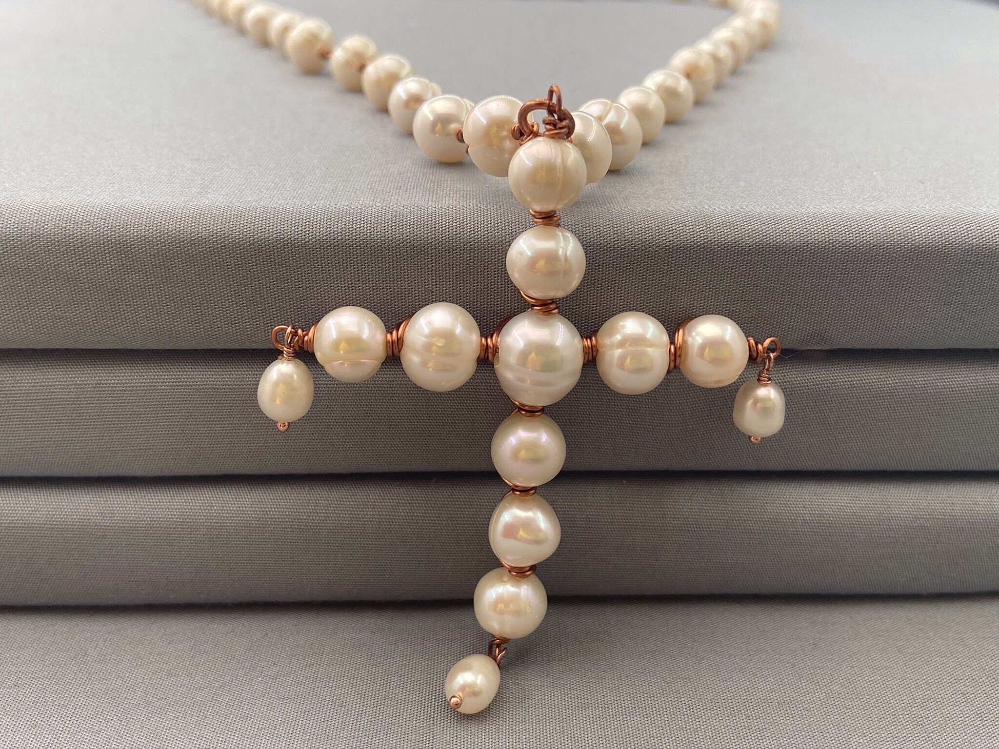 White Pearl Cross Necklace, Copper Wire Wrap Necklace, June